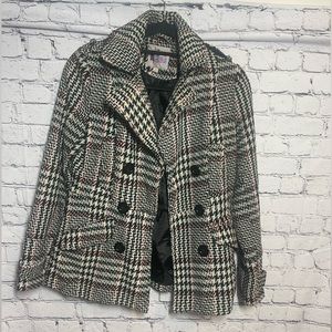 Opening Act Women’s Black, Light Grey, Red Button Down Houndstooth Pea Coat Sz S